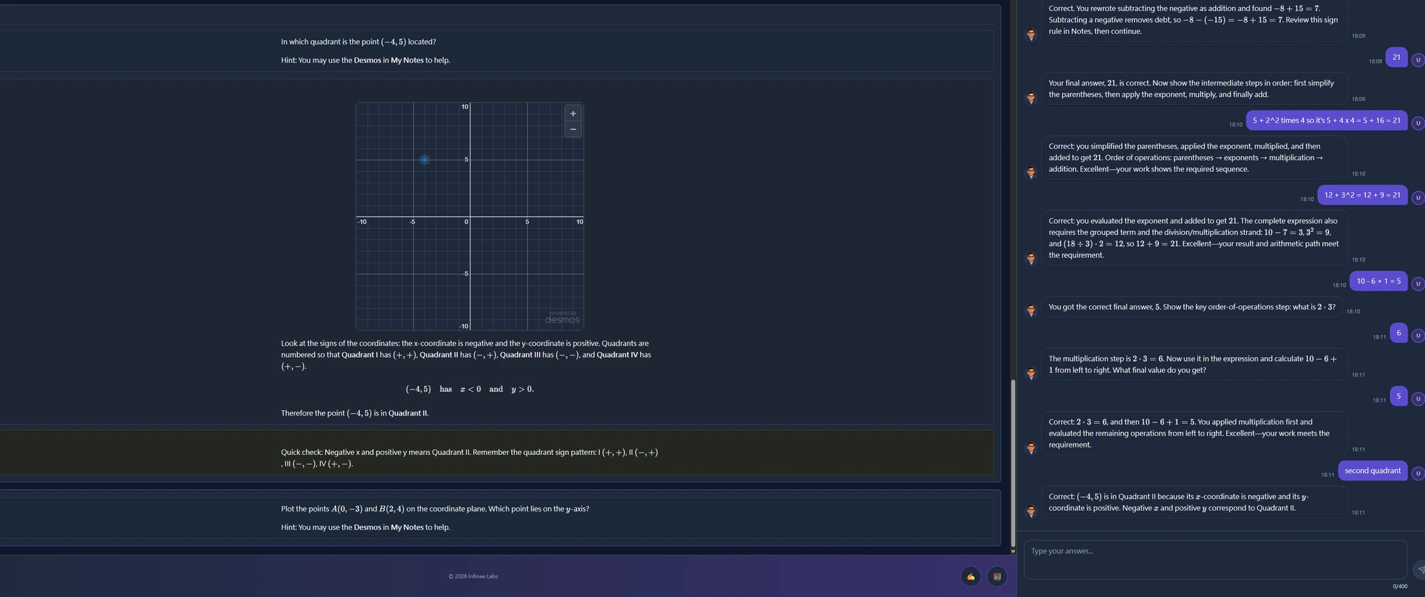 Dark Infinae lesson view with an embedded Desmos graph and Mr. Q conversation.