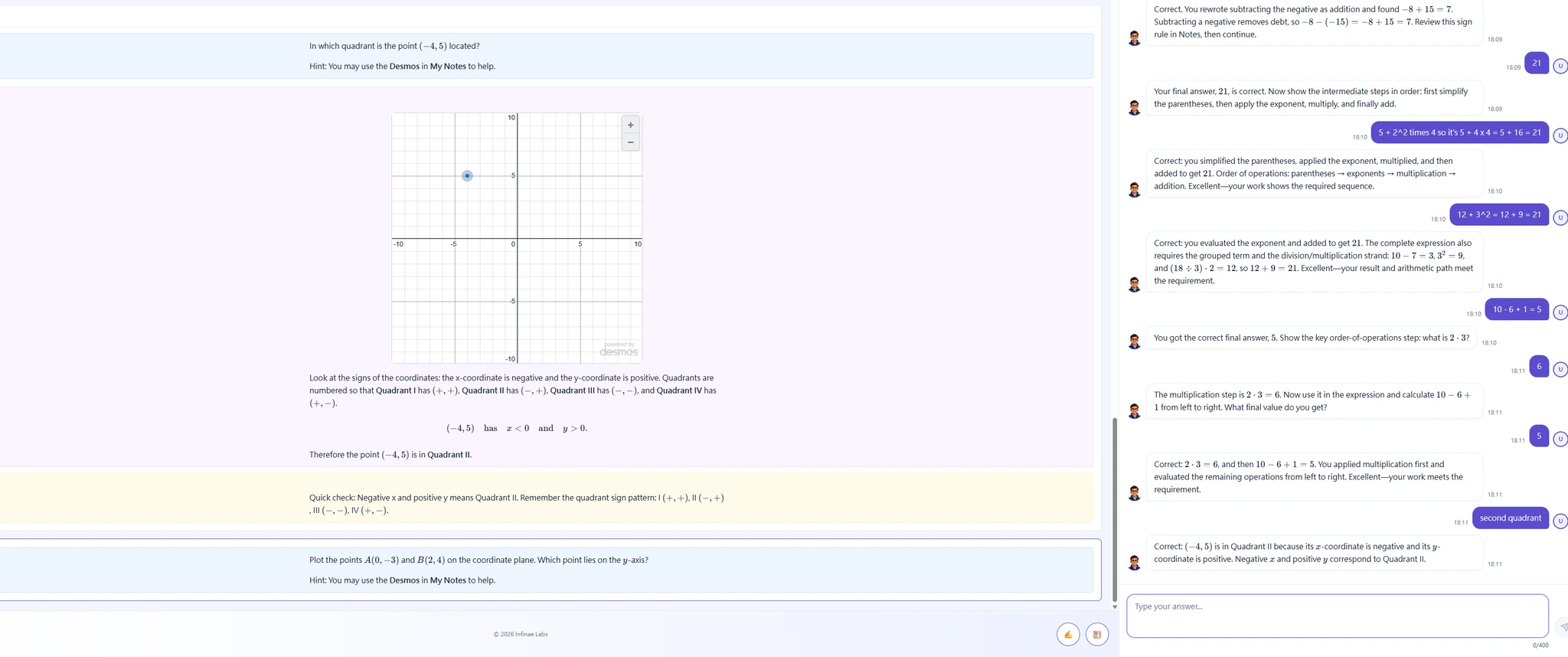 Light Infinae lesson view with an embedded Desmos graph and Mr. Q conversation.
