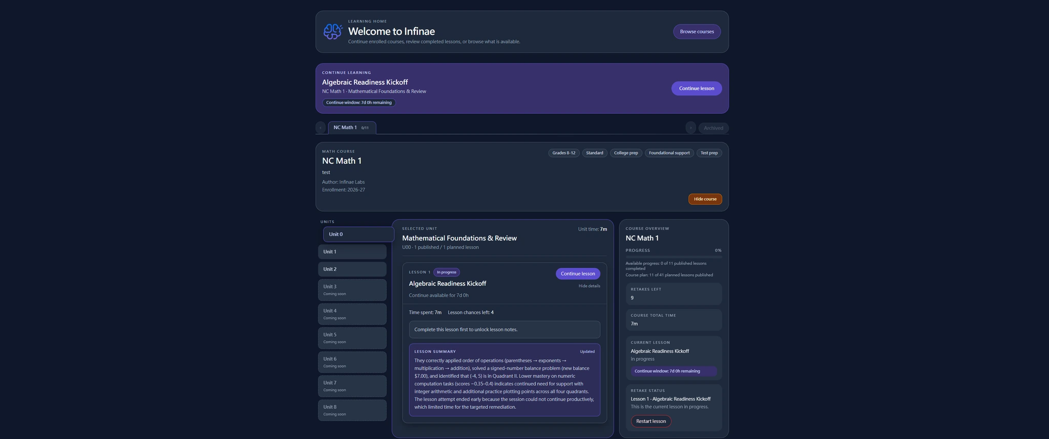Dark Infinae learning home showing course, unit, lesson, and progress information.