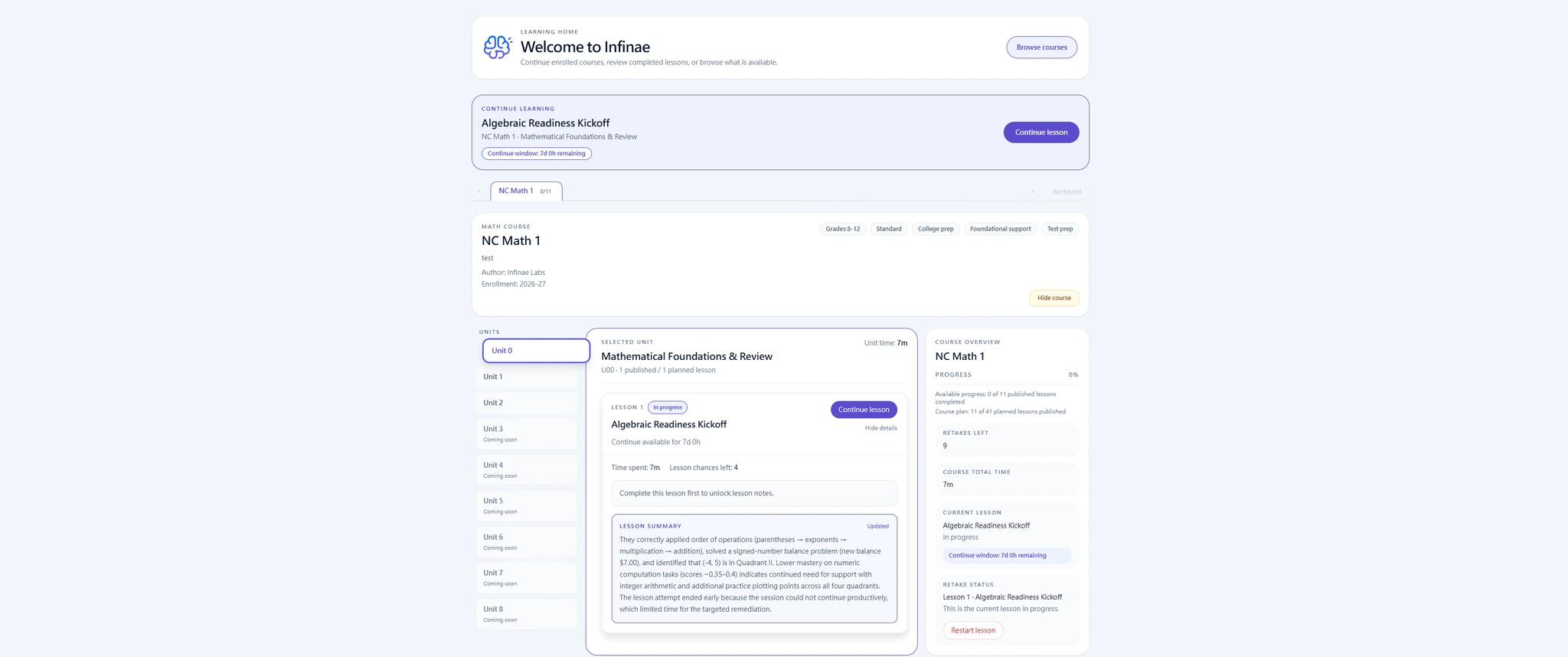 Light Infinae learning home showing course, unit, lesson, and progress information.